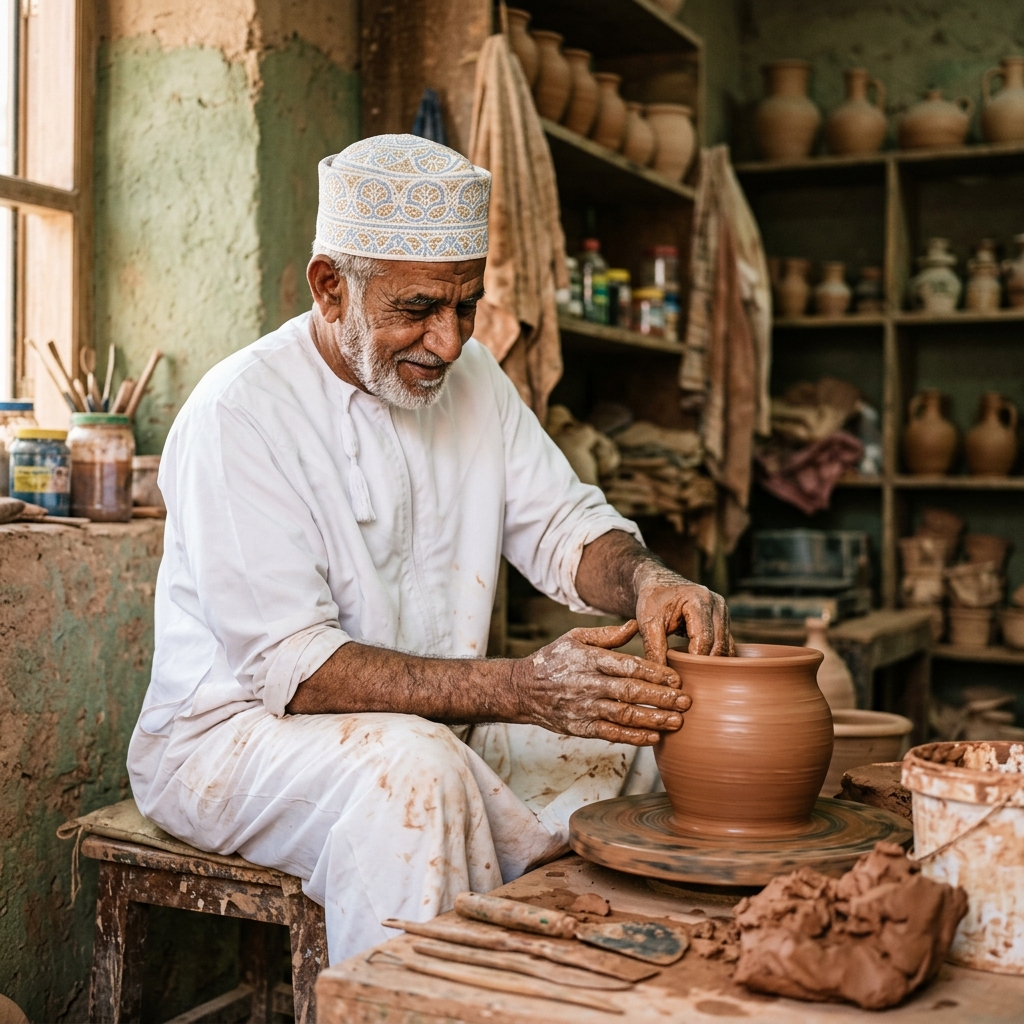 Master Omani artisan Hamid Al-Bahrani shaping clay